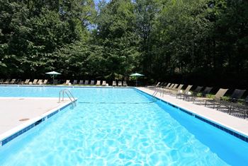 A swimming pool with chaise lounge chairs and trees in the background